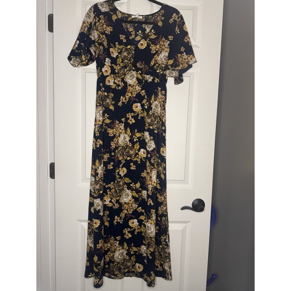 Maurices Dresses & Skirts - Maurices Maxi Dress Navy Mustard  Multi Floral Short Ruffle Sleeve Small Nwt 49